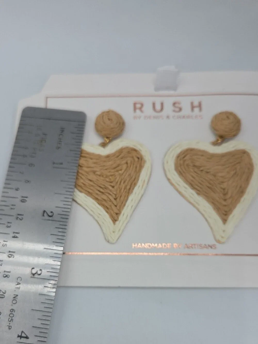 5 for $25! RUSH by Denis & Charles Heart Raffia Drop Earrings — Tan & Cream - Picture 5 of 5